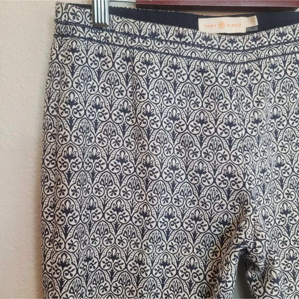 TORY BURCH Heidi Blue White Jacquard Stretch Pant Coastal Office Preppy Classic
